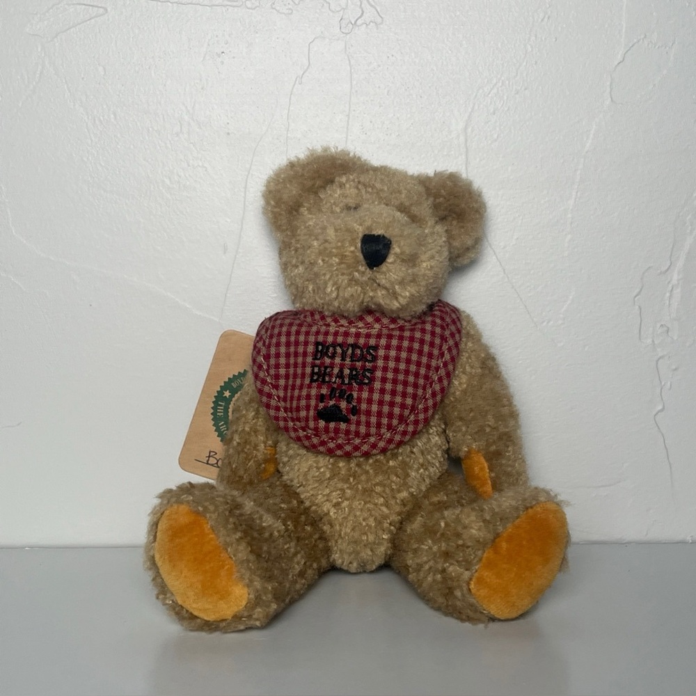 The Boyds Collection Bosley Jointed Brown Teddy Bear 9” Plush Red Plaid Bib